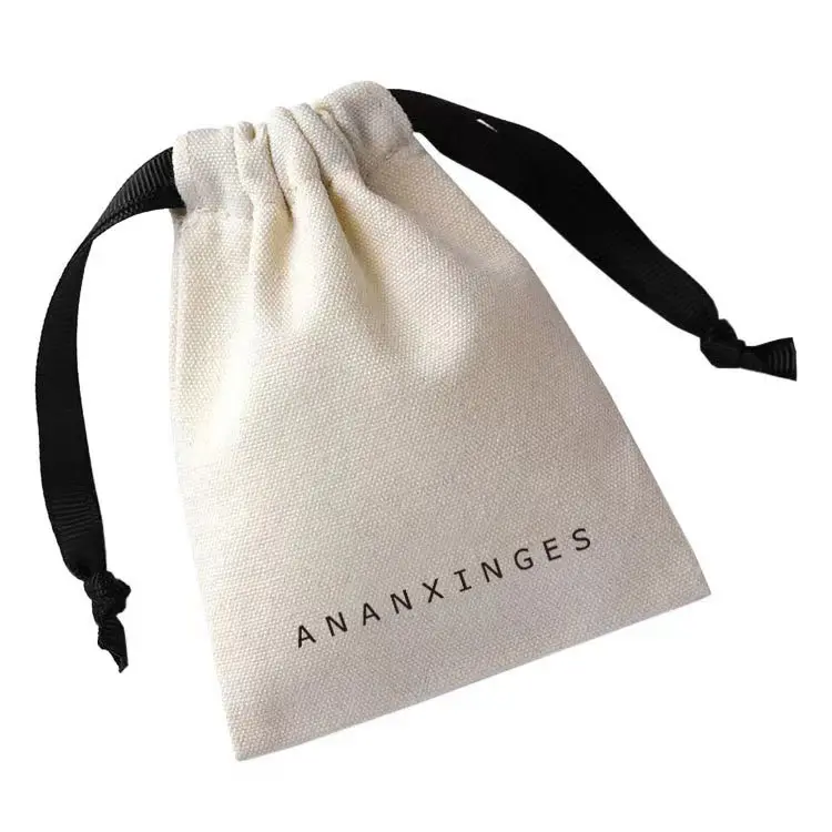 Personalized White Muslin Calico Canvas Dust String Pouch Custom Logo Small Gift Jewelry Cotton Drawstring Bag