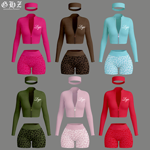 Abbigliamento Estivo da Donna, Set Sportivo Personalizzato Streetwear, Giacca con Zip e <span class=keywords><strong>Pantaloncini</strong></span> con Stampa Leopardata, Completo 3 Pezzi per Donna - Product Image 1