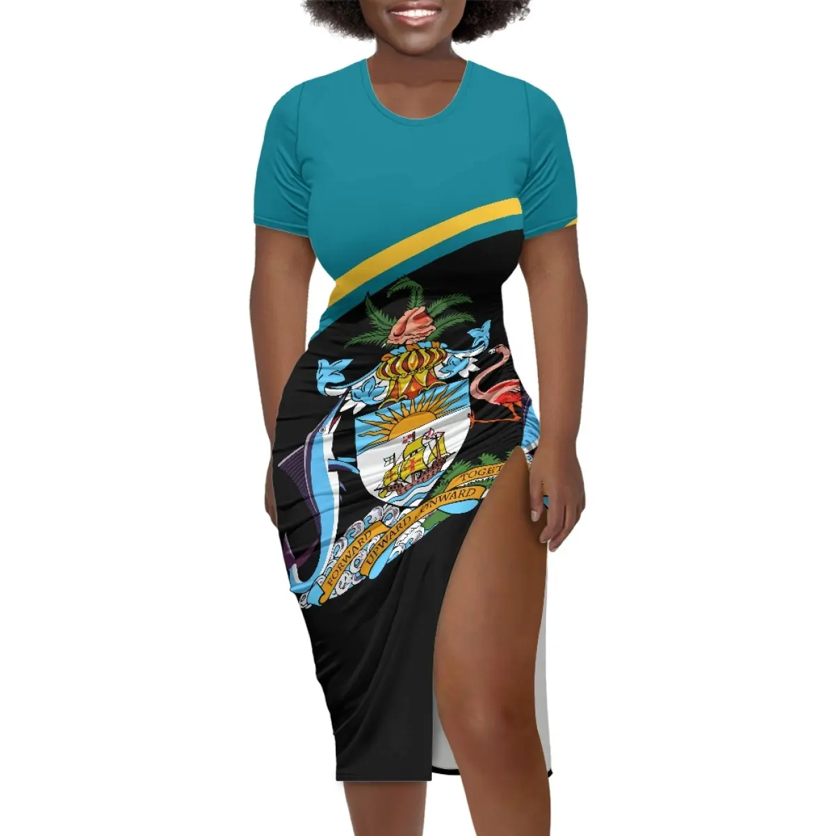 Drawstring Women's Sexy Club Dress Bahamas Flag Pattern High Quality Slit Dress With Custom Logo No Minimum Maxi Skirt Drop Ship