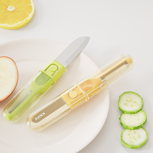 Couteau à fruits multifonctionnel 2-en-1, éplucheur et coupe-fruits, design rétractable, lame en acier inoxydable tranchante, plastique écologique pour la cuisine - Product Image 1