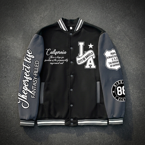 High Quality Men's Autumn Black Lettermen Baseball <b>Jacket</b> Front O-Neck Single Button Closure <b>Heated</b> Knitted Worsted - Product Image 3