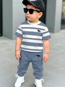 Ensemble 2 pièces en coton rayé pour bébés garçons, t-shirt et pantalon de survêtement à manches courtes, col rond, tenue d'été décontractée avec imprimé cheval - Product Image 1
