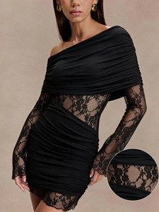 Nouvelle robe sexy à épaules asymétriques et manches longues avec empiècements en dentelle pour femme, taille cintrée, effet amincissant et jupe moulante aux hanches - Product Image 4