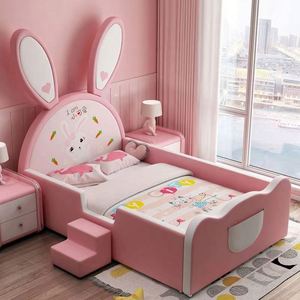 Cartoon Pink Bunny Guardrail <b>Slide</b> <b>Bed</b> 1.2m Solid Wood Cotton Upholstery Comfortable Modern Design Girls Princess Bedroom - Product Image 1
