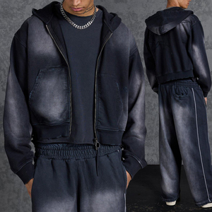 Ensemble sweat à capuche zippé et pantalon de survêtement unisexe KIingSen en polaire délavée, respirant, 400g, polyester/coton, style streetwear - Product Image 1