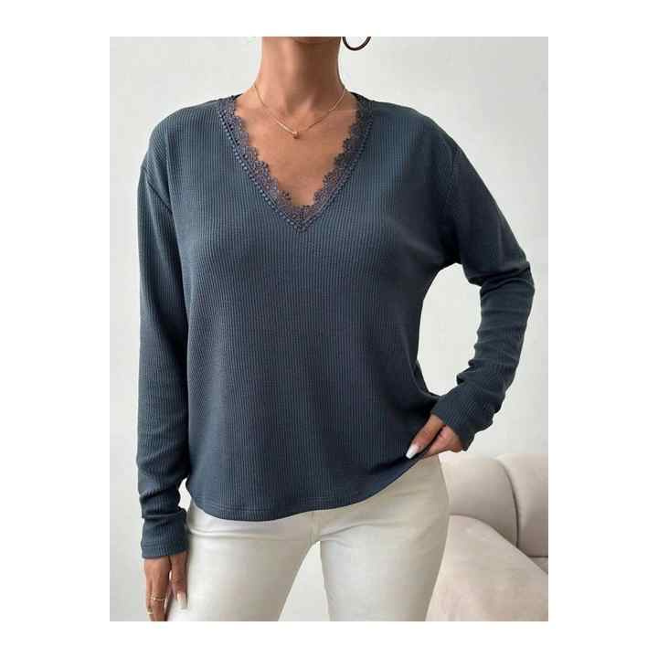 Women's Long Sleeve Lace V-Neck Ruffle Fabric Blouse