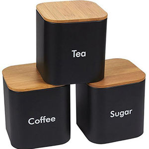 Contenitore cucina Set di 3 pezzi di <span class=keywords><strong>zucchero</strong></span> caffè <span class=keywords><strong>e</strong></span> tè contenitore vasetti con coperchi di bambù organizzatori da cucina nero - Product Image 1