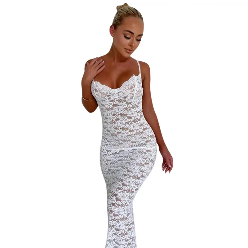 Strap Lace Splice White Lace Fabric For Wedding Dress Sexy Slim Fit Solid Casual Neck Long Dress Women (YJ23063 )