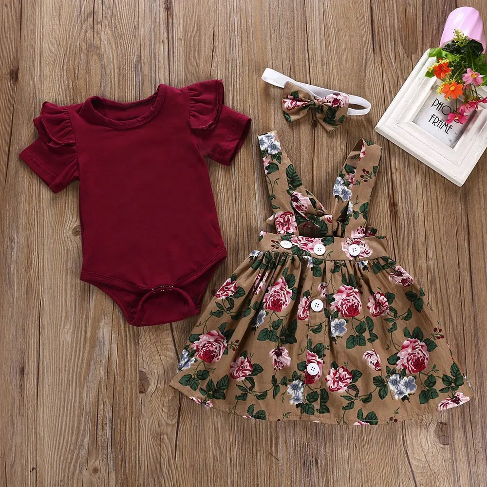 New Born Clothes Set Children Girls Trendy Clothing 3pcs Baby Short Sleeve Baby Romper and Floral Straps Skirt Baby Girl Outfits