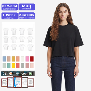 T-shirt court oversize personnalisé pour femme, col rond, manches courtes, coupe ample, 100 % coton jersey, couleur unie, épaules tombantes, style décontracté - Product Image 1