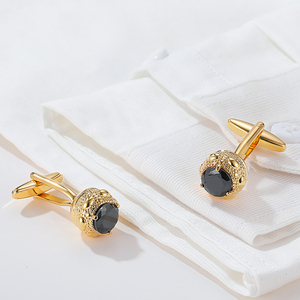 Bijoux fantaisie, boutons de manchette, boutons de manchette pour homme en or rond de luxe sobre de haute qualité, incrustés de pierres de zircon noir - Product Image 2