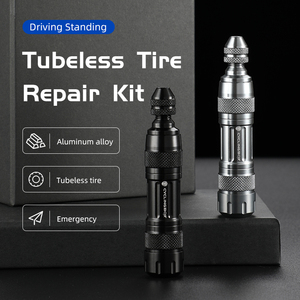 Kit de réparation de pneus <span class=keywords><strong>tubeless</strong></span> en alliage d'aluminium JOHORSE, outil d'urgence portable pour <span class=keywords><strong>crevaison</strong></span>, avec bandes de colle, pour <span class=keywords><strong>VTT</strong></span> et vélo de route, noir/argent - Product Image 1