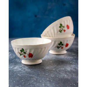 Ensemble de trois bols français bohèmes en céramique avec décoration de rose rouge glacée, bols à salade polis de style chinois - Product Image 4