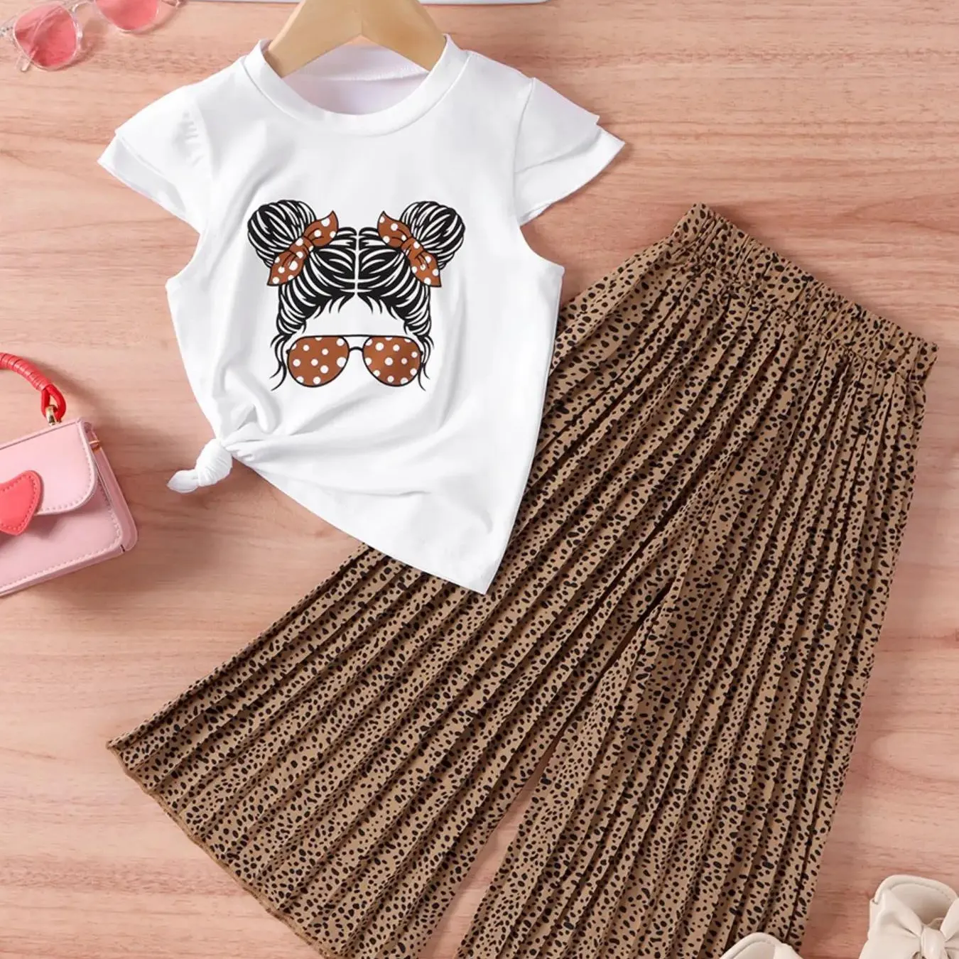 Hot Sell Kinderen Zomerkleding Set 5 Kleuren Meisjes Korte Mouw T-Shirt + Luipaardprint Wijde Pijpen Broek 2 Stuks