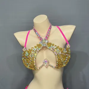 Sujetador de alambre con incrustaciones de cristal brillante para disfraz de Carnaval para mujer, ropa de Samba, sujetador x-top para danza del vientre, fiesta, Rave, club nocturno, nuevo