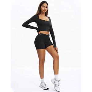 Womens Workout Set <b>Long</b> Sleeve Crop Top <b>Matching</b> High Waist Biker Shorts Quick Dry Yoga Gym Clothes - Product Image 2