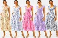 Robe d'été sans bretelles à manches bouffantes, unie, mi-longue, taille naturelle, coupe trapèze, ourlet à volants, coupe ample, légère et fine, pour l'extérieur, le quotidien, les fêtes, aléatoire