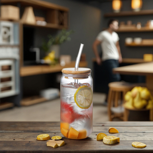16盎司单壁硼硅酸盐玻璃罐，带竹盖和吸管杯咖啡杯 - Product Image 4