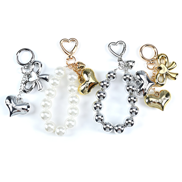 Pearl Beaded Phone Wrist Strap Sweet Heart Bow Pendant Keychain Luxury Mobile Chain Bag Charm Women Fashion Accessories Gift