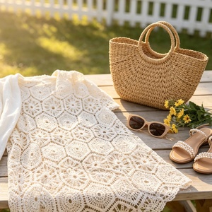 Häkel-Spitzenstoff 100% Polyester Fischgrätmuster Geometrisches Sechseck Durchbrochenes Weißes Tischläufer-Vorhang-Boho-Kleid - Product Image 6