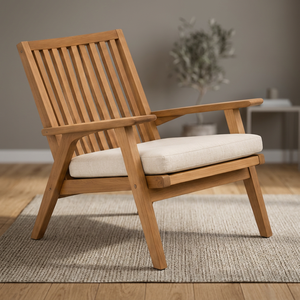 Chaise d'extérieur en teck massif 1 place avec lattes verticales et coussins pour patio - Product Image 2