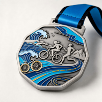 Médaille personnalisée en alliage de zinc moulé sous pression, couleur plaquée, ruban bleu, design octogonal pour événement de marathon
