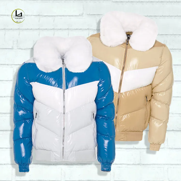 HL designer manufacture white fault fur collar heavyweight high quality thick bubble coat unisex men custom puffer jacket shiny