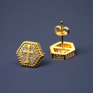 Hexagonal Cross Zircon <b>Stud</b> Earrings Gold Silver Micro Pave Full Diamond Hip Hop <b>Men</b> Women Fashion Jewelry Gift - Product Image 2