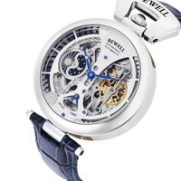 Herren Luxus Automatische Mechanische Uhr Skelett Dual-Zeit Mondphase Wasserdicht Echtes Leder Business Dress Armbanduhr