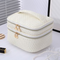 Bolsa de Cosméticos de Gran Capacidad de Cuero PU, Organizador de Maquillaje de Doble Capa con Asa y Cierre, Bolsa de Aseo para Viaje