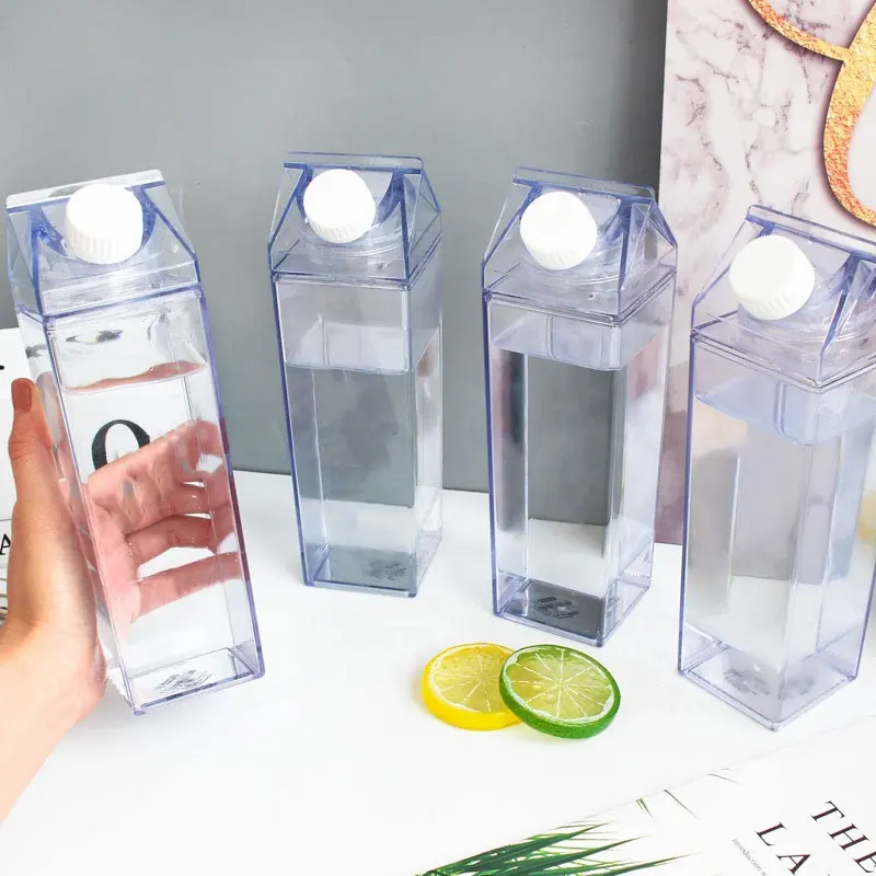 長方形透明ボトル500/1000MLパーソナライズされたプラスチック製ミルクボックスシェイプウォーターボトルステッカー付きDIYカスタムロゴ