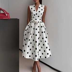 Abito Midi Senza Maniche con Stampa a <span class=keywords><strong>Pois</strong></span> e Scollo a V, Elegante <span class=keywords><strong>Vestito</strong></span> Formale da Ufficio con Cintura in Vita per Donna - Product Image 3