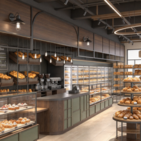 Comptoir de vente au détail en bois texturé pour boulangerie-pâtisserie, design de magasin de gâteaux commercial avec vitrine et mobilier sur mesure