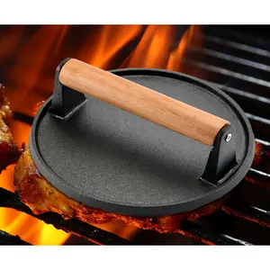 Prensa de hambúrguer de ferro fundido preto, suporte resistente para churrasco e hambúrguer com cabo de madeira maciça