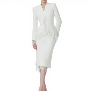 <b>White</b> <b>Lace</b> Patchwork Two Piece Suit Set V Neck Slim Fit Jacket and Half Skirt Autumn Women Outfit - Product Image 4