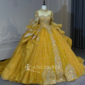 Xs320 Modern Magnificent Gold Holographic Sequin Sweetheart Long Sleeve Crystal Bow <b>Ball</b> <b>Gown</b> Chapel Train Quinceanera Dress - Product Image 5