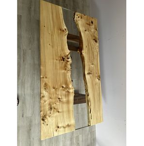 Table en bois massif à bord vif, fabriquée à la main, de couleur naturelle, meubles modernes, sur mesure, avec verre transparent, OEM accepté - Product Image 1