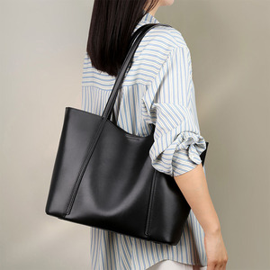 Sac fourre-tout en cuir véritable pour femmes, couleur unie, minimaliste, ouvert, pour usage quotidien, sac à bandoulière de grande capacité, sac à main pour le travail et le bureau - Product Image 3