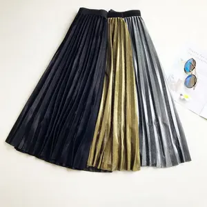 2022 वसंत शरद ऋतु स्टाइलिश ठोस रंग लंबे समय भड़क स्कर्ट महिलाओं Pleated मखमल स्कर्ट