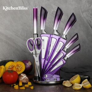 Kitchenbliss 9pcs Purple Gradient 430 Handle Stainless Steel Chef <b>Knife</b> <b>Sharpener</b> & Rotating Acrylic Block Kitchen <b>Knife</b> Set - Product Image 1