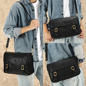 Bolso Cruzado para Hombre Dujiang, Cuero Genuino Negro, Gran Capacidad, Expandible, Alivia la Carga, Detalle de Costura, Uso Diario - Product Image 2