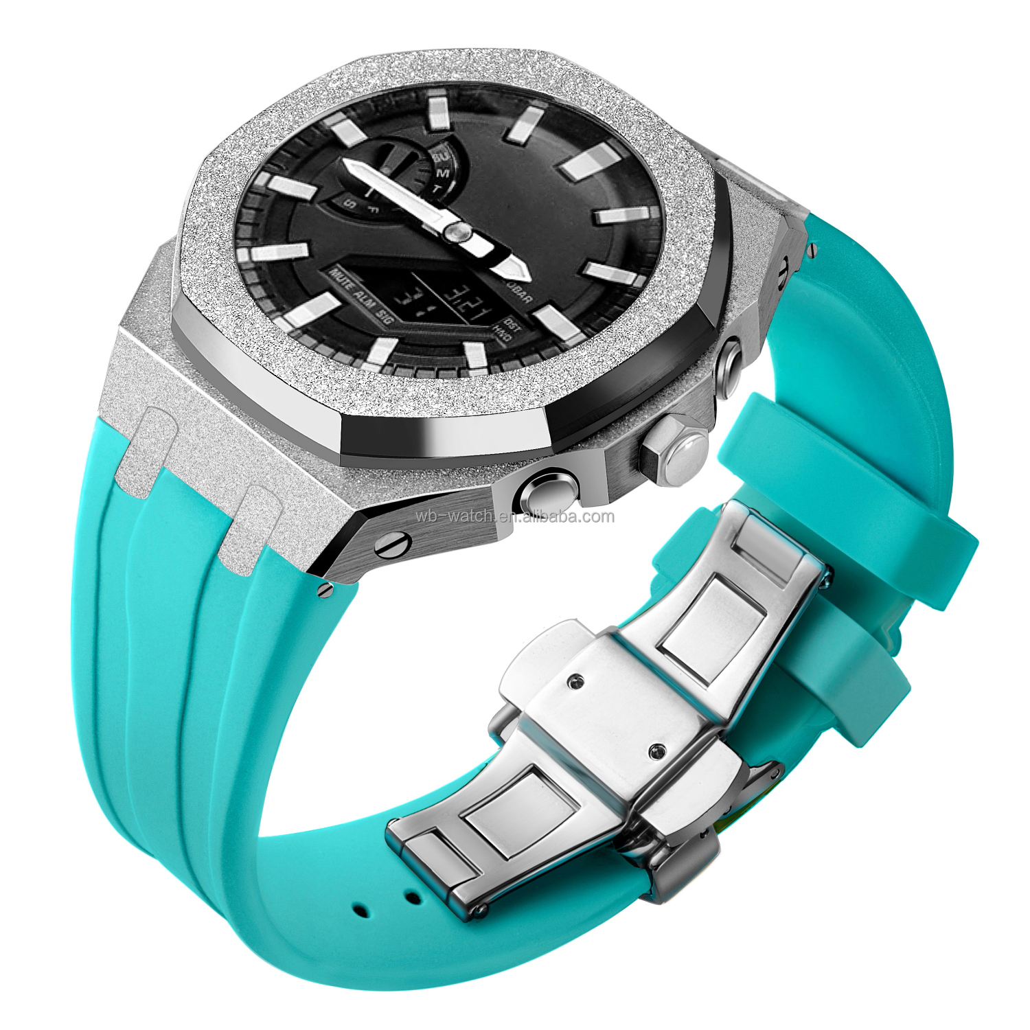 Boîtier argenté + Bracelet bleu marine