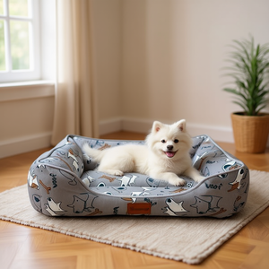 Set di Tre Pezzi per Cuccia per Cani in Lino Stampato con Fondo Grigio, Eleganti Letti per Animali Domestici - Product Image 3