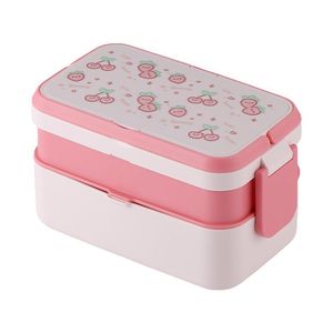 Boîte à lunch rectangulaire à double couche de style japonais créatif, avec couvercle en plastique, cuillère et fourchette, pour adultes, usage au bureau - Product Image 2