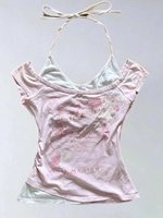 Ästhetisches Rosen-Blumendruck Vintage 50er Jahre Pinup-Print Kurzarm Y2K Hemd im Retro-Cropped-Stil Party-Oberteil