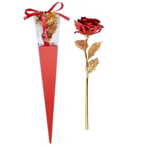 Roses artificielles en feuille d'or, avec boîte triangulaire, simple avec boîte en forme de cône, emballage simple, à bas prix, cadeau de saint-valentin