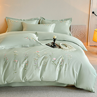 Parure de lit en coton vert doux avec broderie florale, teinture réactive, ensemble de 4 pièces pour une décoration de chambre fraîche