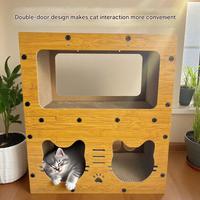Griffoir pour chat à trois niveaux surélevé avec deux têtes de chat, maison en bois pour chat avec balles en peluche pour plusieurs chats