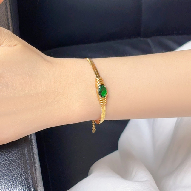 Green Zircon Snake Chain Bracelet Women 18K Gold Plated PVD Waterproof Tarnish-Free Hypoallergenic Stainless Trendy Anniversary
