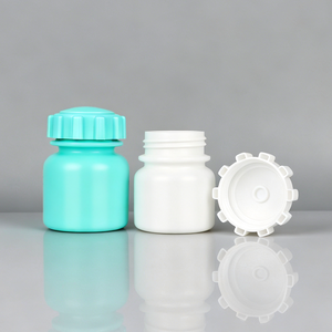 Flacon en plastique de 80 ml et 100 ml, bleu et blanc, pour compléments alimentaires, médicaments, vitamines, avec bouchon anti-dérapant et sécurité enfant. - Product Image 1